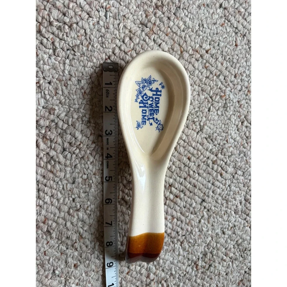 Vintage Home Sweet Home Ceramic Spoon Rest Blue Cream Brown Drip Glaze Farmhouse
